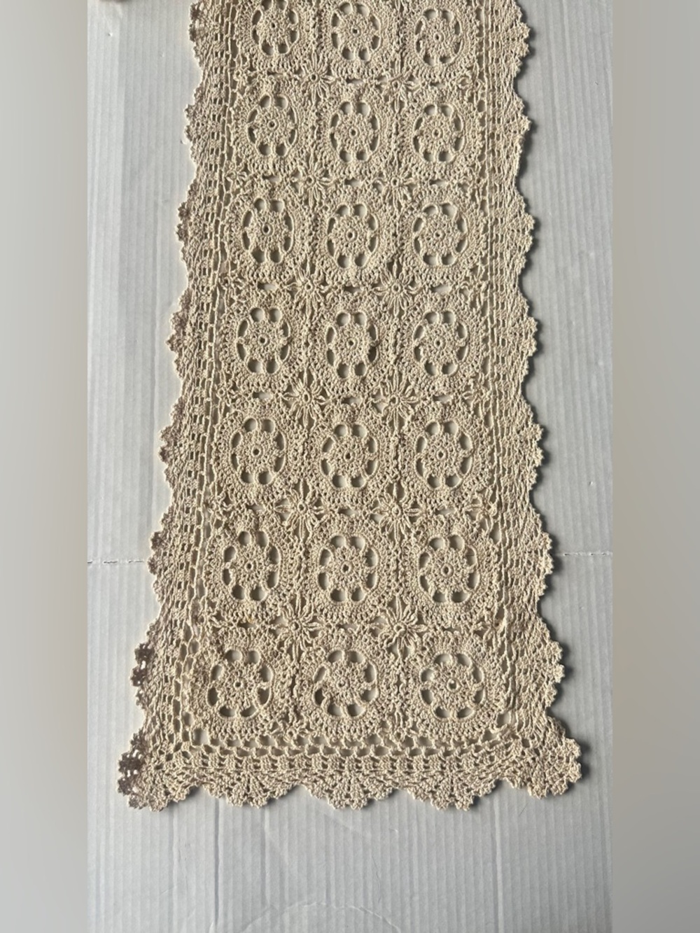 Crocheted Table Runner Floral Abstract Cream Off White 62 x 12” Vintage